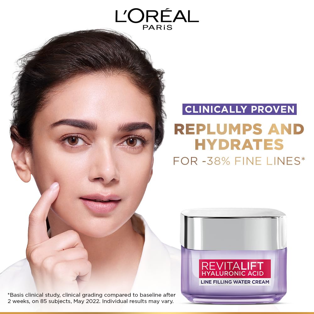 L'Oréal Paris Hyaluronic Acid Line Filling Water Cream, Moisturiser, Hyaluronic Acid for Hydration, Replumps Skin, Ceramides for Skin Barrier Repair, Reduces Fine Lines, 50ml