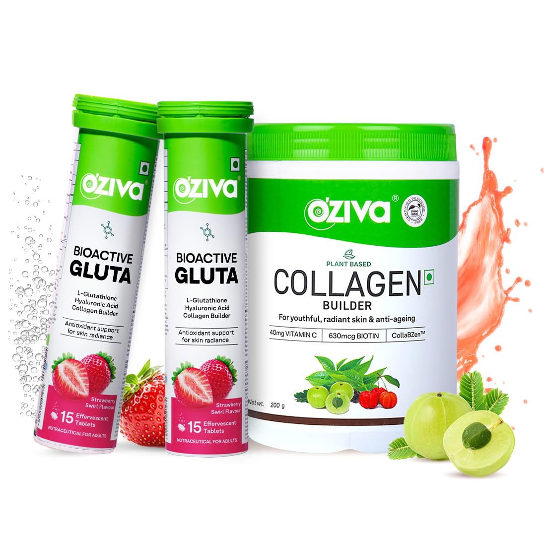 OZiva Vegan Collagen (Tangy Amla) for Skin, Hair & Nails | 200g (Pack of 1) and OZiva Bioactive Glutathione Tablets for Radiant Skin - 30 Effervescent Tablets (