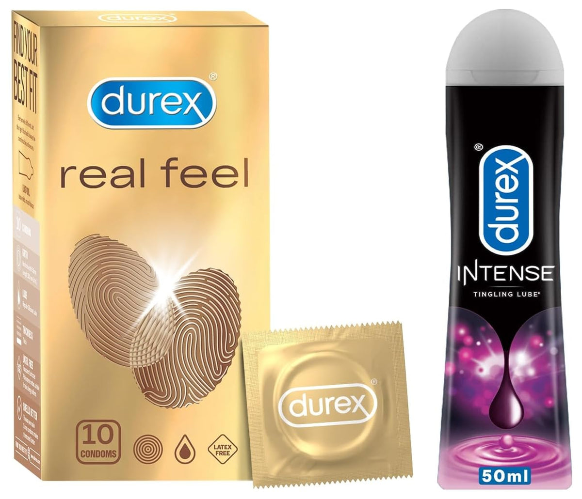 Durex Lube Intense Lubricant Gel For Men & Women - 50ml | Water Based Lube & Durex Real Feel Condoms for Men - 10 Count| For Real Skin on Skin Feeling| Latex Fr