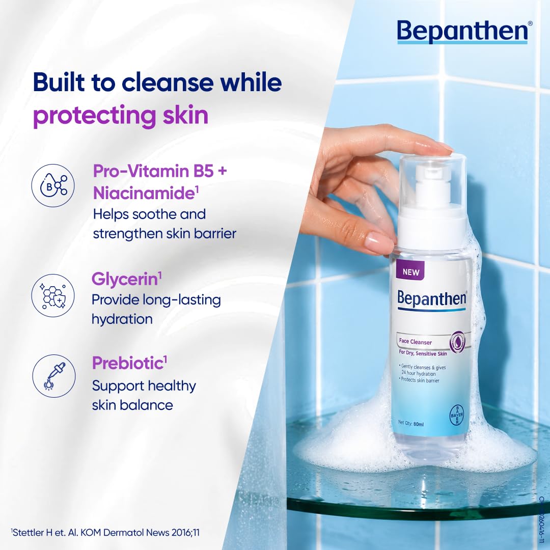 Bepanthen Daily Face Wash, Hydrating Cleanser, Moisturizes, Protects Skin Barrier, Worlds No.1 Skincare Brand, For Dry to Normal, Sensitive Skin, 80ml Facewash