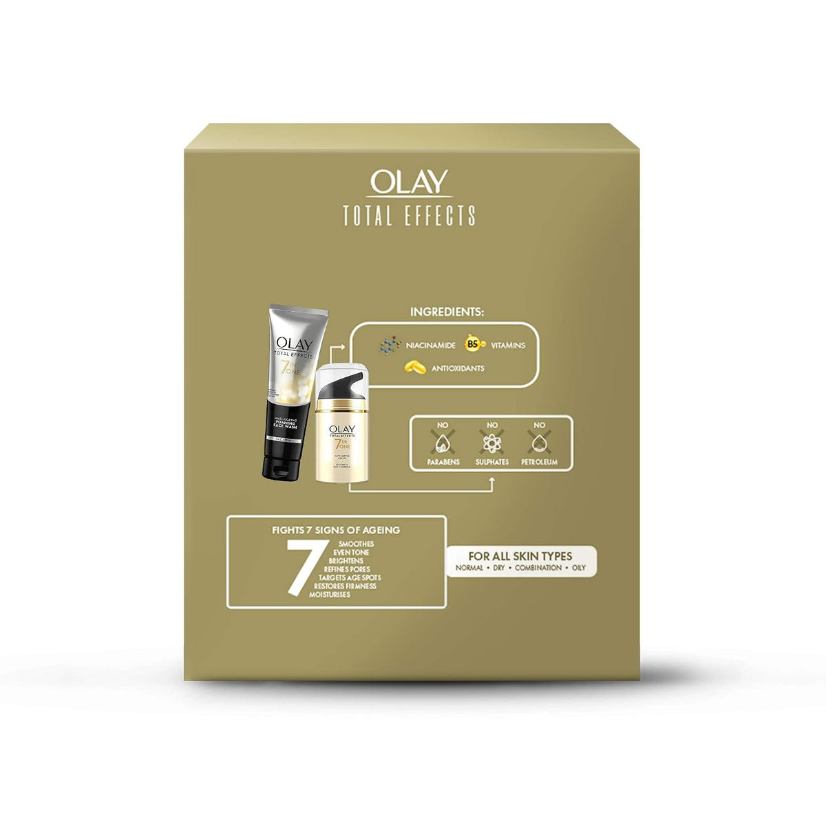 Olay Total Effects Giftpack - Day Cream with SPF 15 50gm + Cleanser 100g | Fights 7 Signs of Ageing | With Niacinamide and Green Tea Extracts | Normal, Oily, Dr