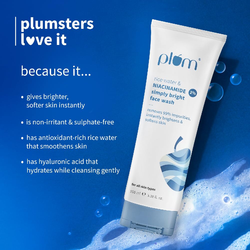 Plum 2% Niacinamide & Rice Water Face Wash 100ml | Hydrates & Brightens Skin | Softens & Smoothens Skin | Gentle & Non-Drying | Gently Cleanses 99% pore cloggin