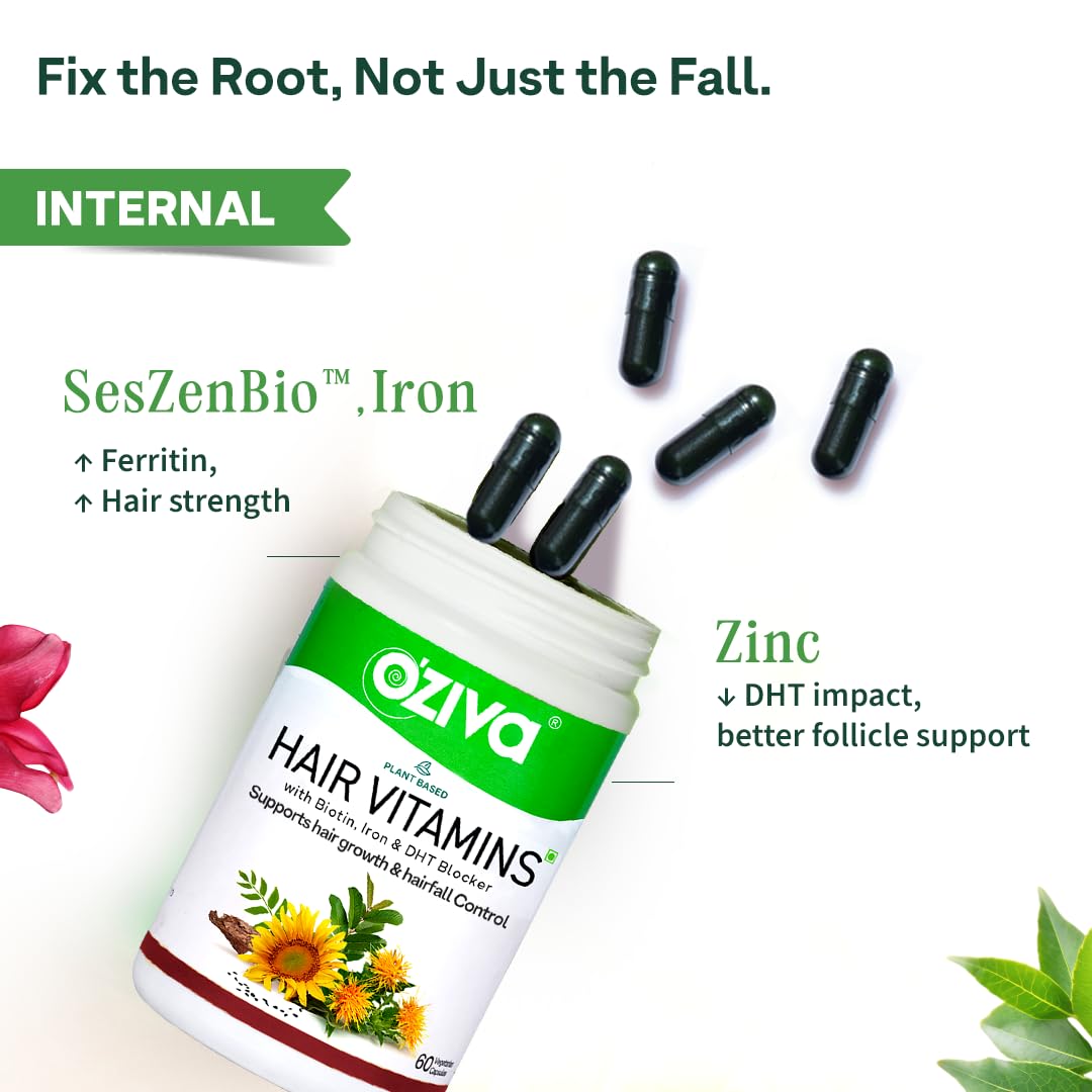 OZiva Hair Vitamin Capsules for Hair Growth & Hair Fall Control, 60 Cap and OZiva+ Advanced Hair Growth Serum with 3% Redensyl & 1% Lindera Root Extract | Balan