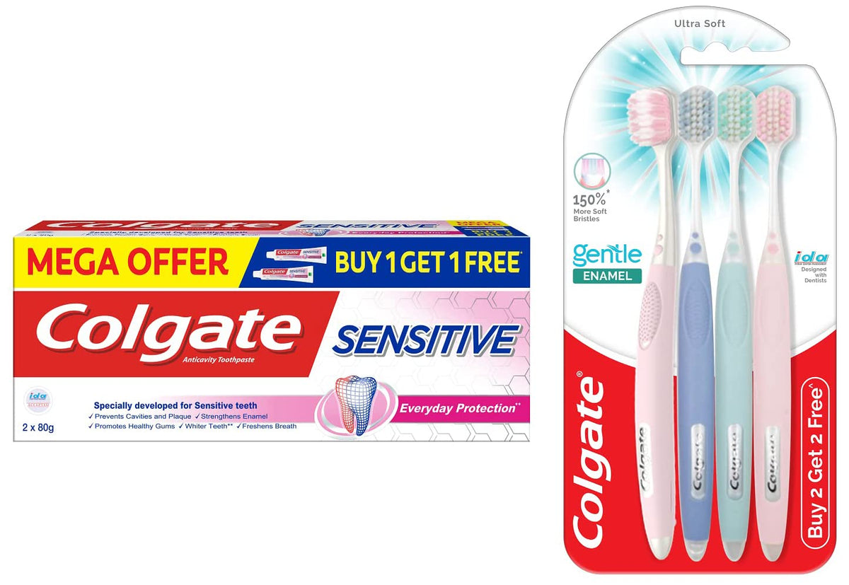 Colgate Gentle Enamel Ultra Soft Bristles Manual Toothbrush For Adults, 4 Pcs & Sensitive Everyday Protection Toothpaste, Twin Pack Of 160G (80G X 2), Assorted