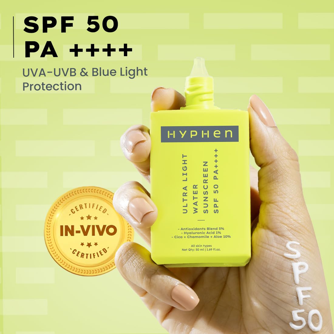 Hyphen 1% Hyaluronic Ultra Light Water Sunscreen SPF 50 PA ++++ | In-Vivo certified | Broad Spectrum & Blue Light Protection | No White Cast | Contains 5% Antio