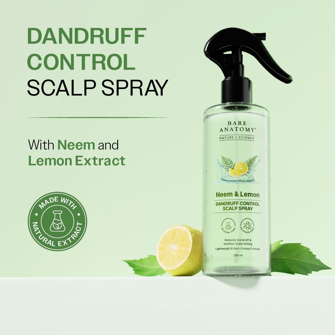 Bare Anatomy Nature x Science Dandruff Control Scalp Spray for Dandruff & Flake Reduction with Neem Leaf, Lemon & Tea Tree Extract | Lightweight & Non-Sticky Formula | Refreshes & Soothe Scalp | 200ml
