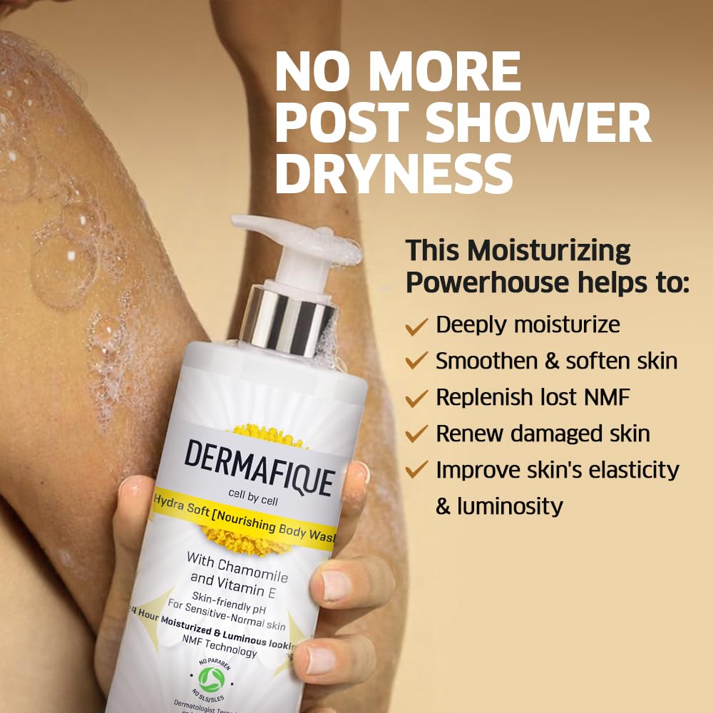 Dermafique Hydra Soft Nourishing Body Wash 500ml | 24 hr Moisturization, Hyaluronic Acid & NMF | Sensitive, Dry, Oily, Normal Skin | Clinically & Dermat Tested
