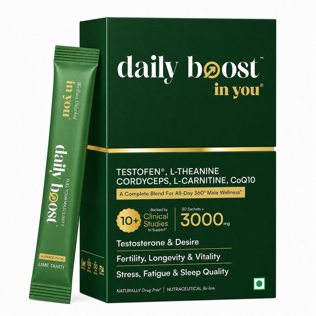 Daily Boost™ in you | 360° Men's Wellness Nutrition | Patented Testofen® + CoQ10 (QONTAN™) + Cordyceps + L-Theanine | Supports Testosterone, Fertility, Sperm He