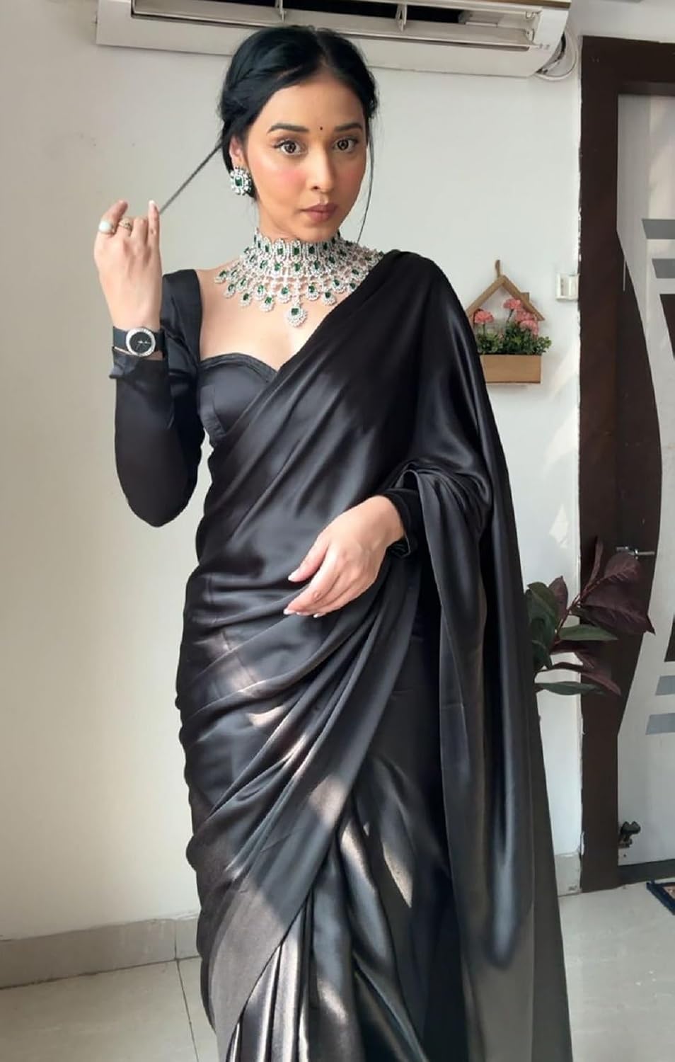 Women's Ready to Wear Plain Satin Silk 1 Minute Pre Pleated Saree With Black Unstitched Blouse Free size Black