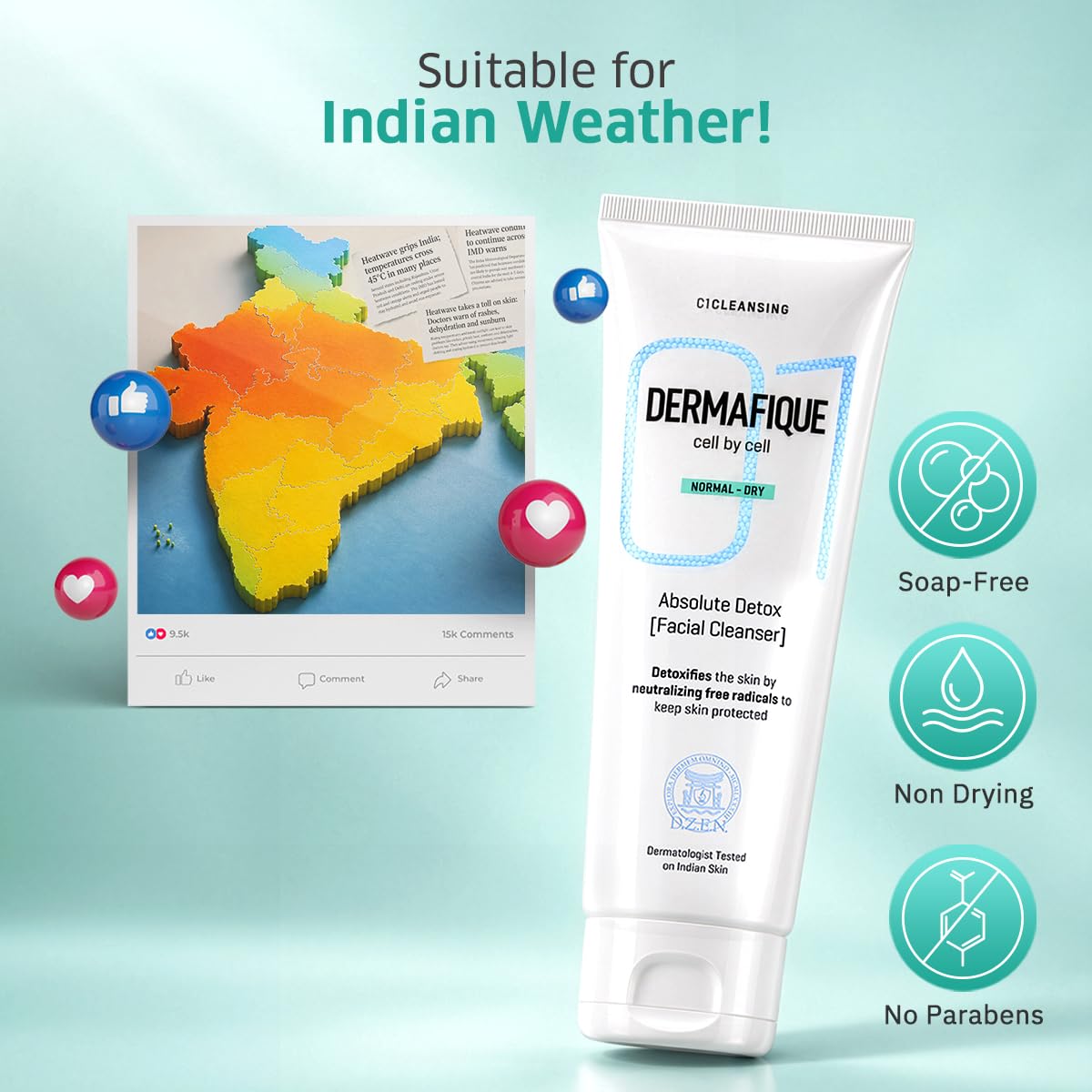 Dermafique Absolute Detox Facial Cleanser 100ml | Antioxidants fight Pollution, Preserve Barrier, Bio-Active Cellulose | Dry, Oily, Normal Skin Face Wash|Women