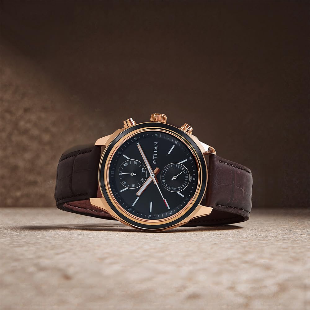 Titan Workwear Quartz Multifunction Black Dial Brown Leather Strap Watch for Men - NT1733KL03