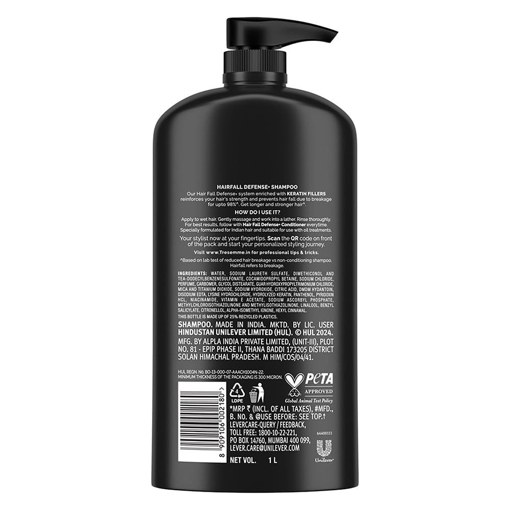TRESemme Hairfall Defense+ Shampoo 1000ml With Keratin Fillers | Longer and Stronger hair | Prevents Hair Fall due to Breakage | Paraben-Free 1 l (Pack of 1)