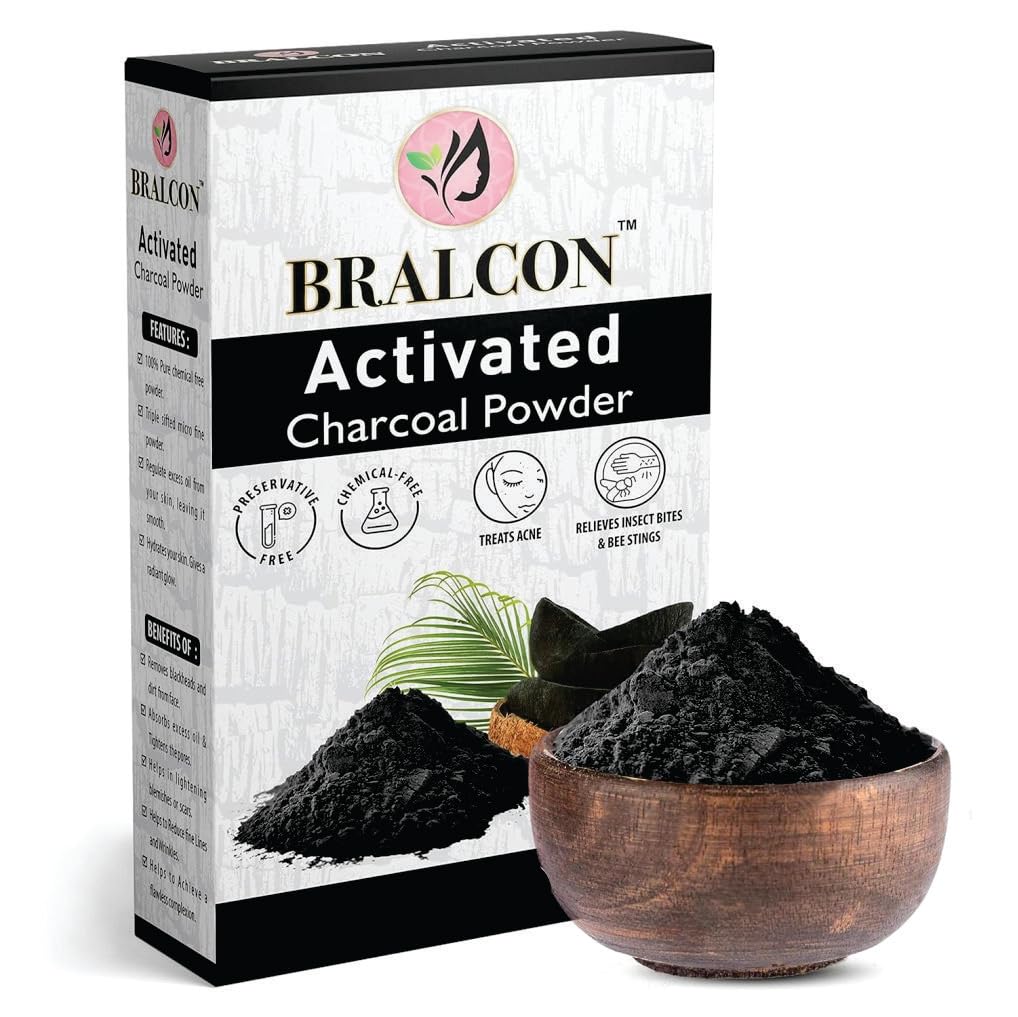BRALCON Activated Charcoal Powder 100g for Skin & Hair - Coconut Shell Charcoal Powder, All Skin Types, Triple Filtered, Pure & Natural, Oil Control, Exfoliatio