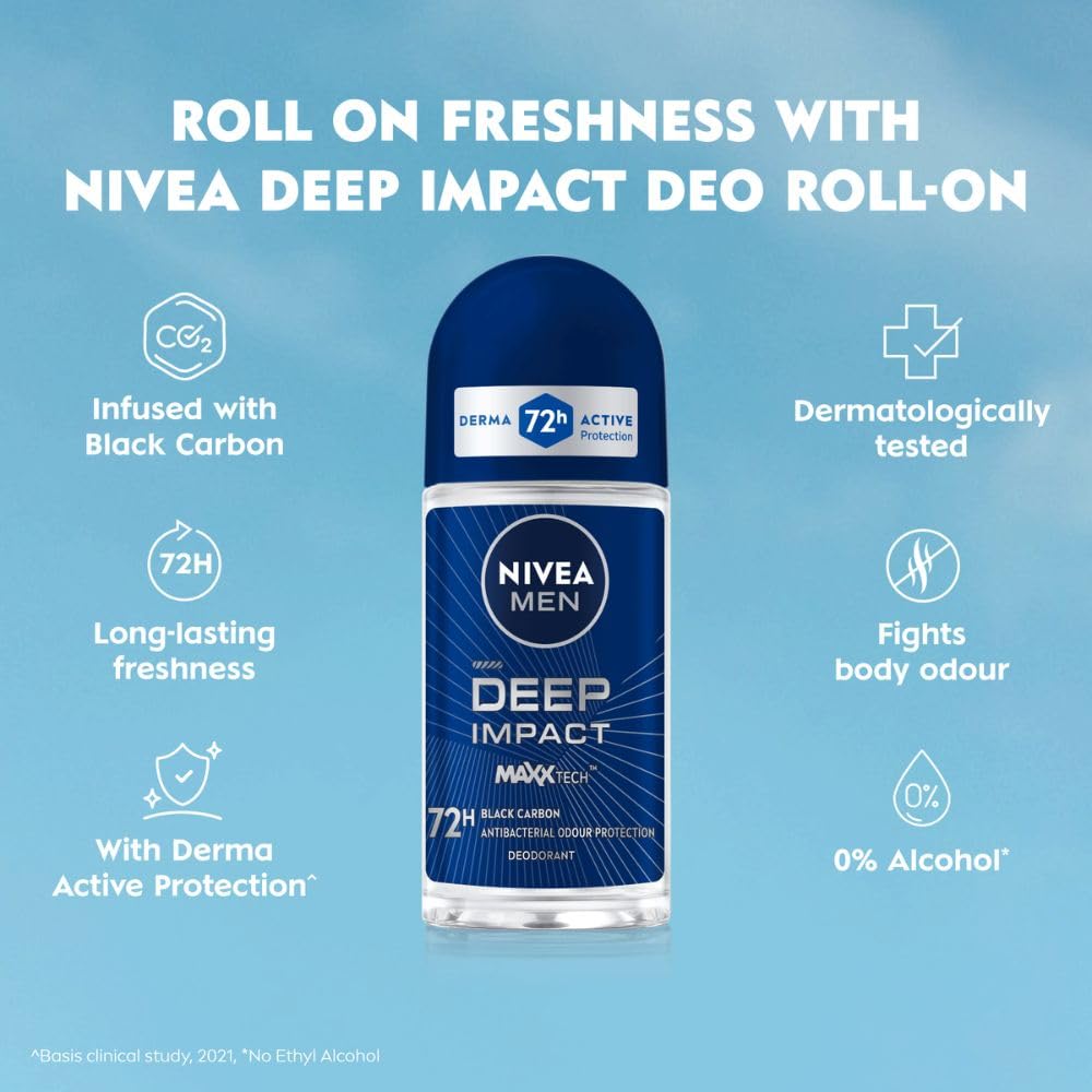 NIVEA MEN Deep Impact Freshness Underarm Roll On Deodorant for Men with Black Carbon | Long Lasting Antiperspirant Roll On for Body Odour Control | Alcohol Free