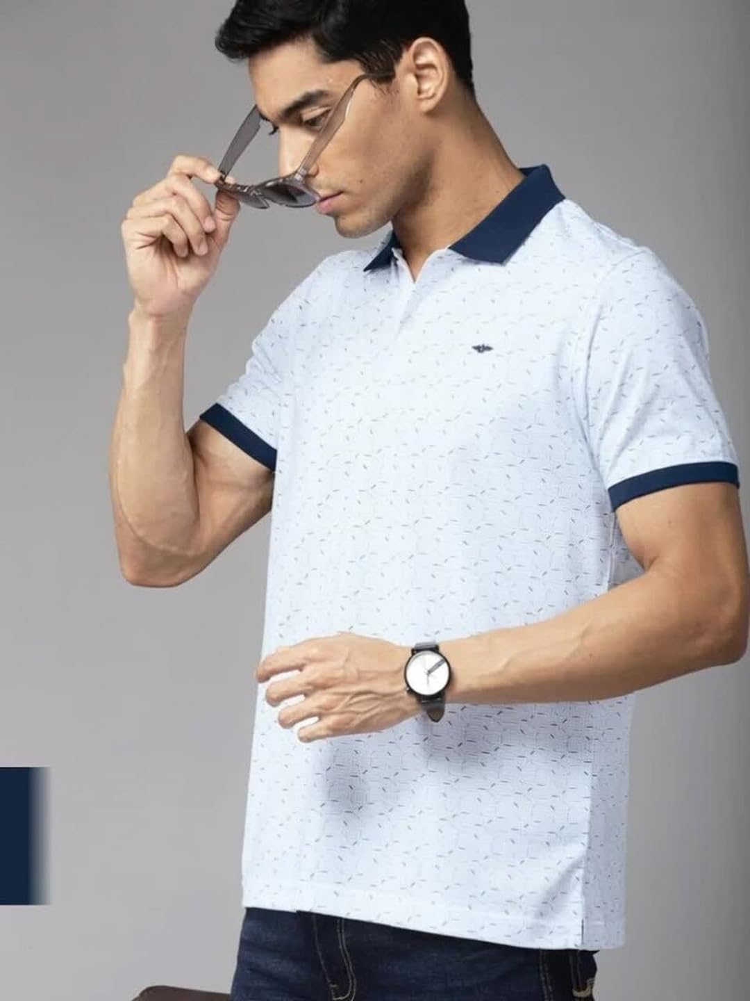 Park Avenue Men's Cotton Polyester Blend Print Pattern Slim Fit Rib Collar Polo Neck Half Sleeve Casual T-Shirt 39 Medium Petrol