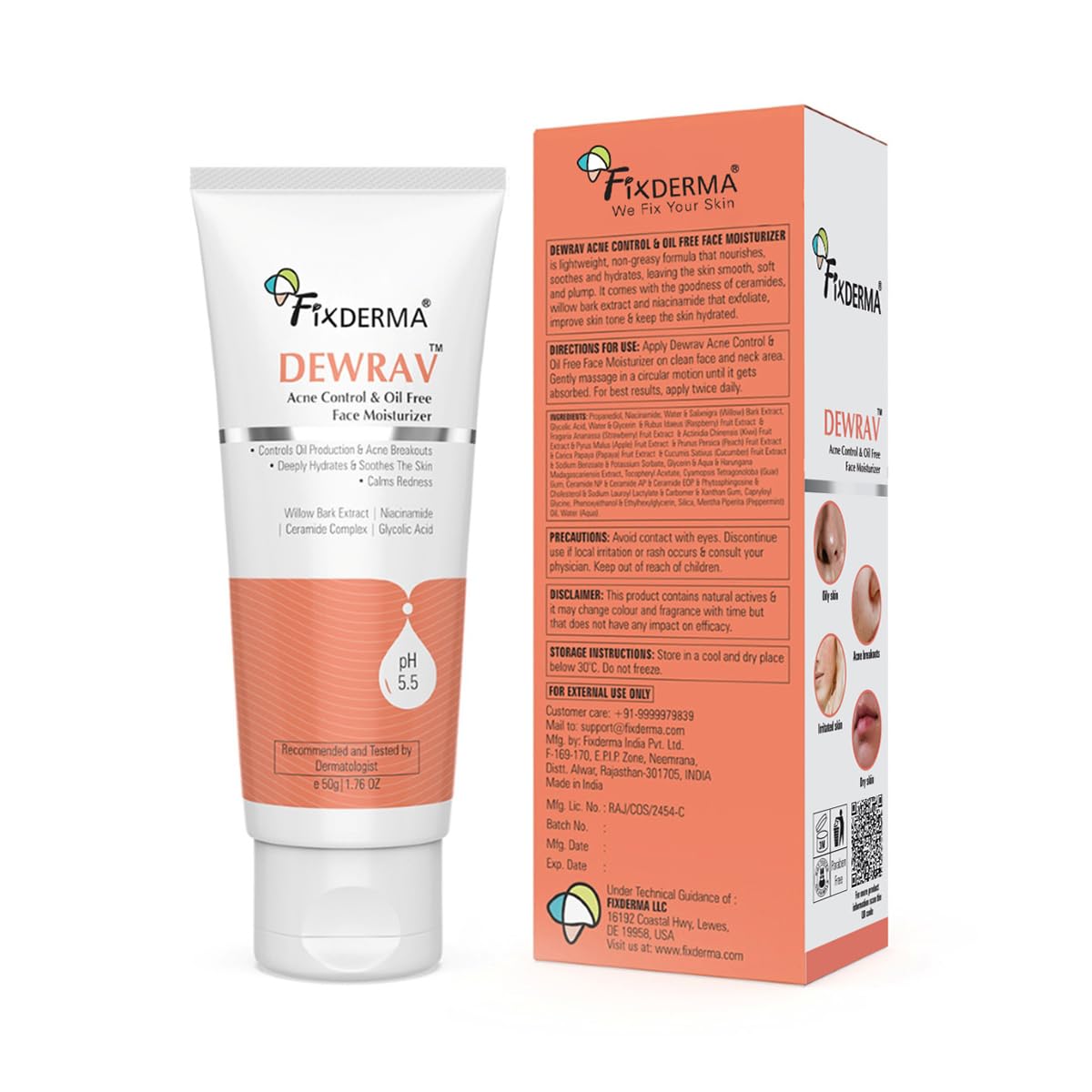 Fixderma Dewrav Acne Control & Oil Free Moisturizer for Face with Glycolic Acid | Niacinamide | Oily Skin | Face Moisturizer for Women & Men - 50 gm Acne 50 g (