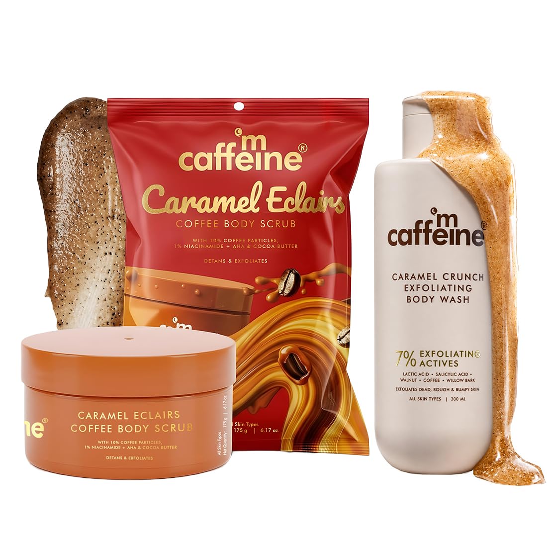 mCaffeine Smooth Skin Duo | Caramel Crunch Exfoliating Body Wash & Eclairs Coffee Scrub | 7% Exfoliating Actives | 10% Coffee Grounds, AHA- Glycolic & Lactic Ac