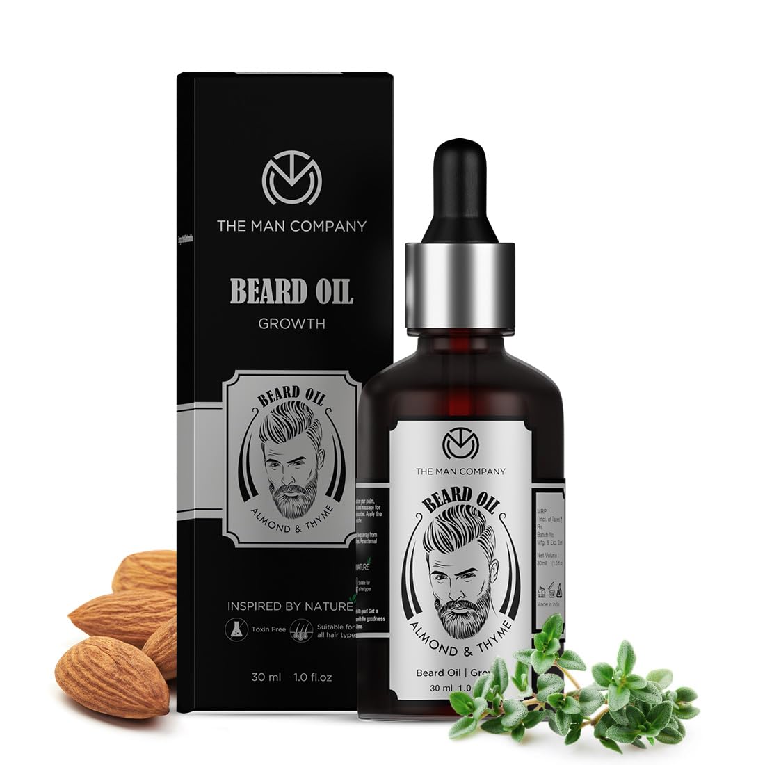 The Man Company Beard Oil for Growing Beard Faster with Almond & Thyme, NATURAL, Best Beard Growth Oil for Man, Nourishes & Strengthens Uneven Patchy Beard - 30
