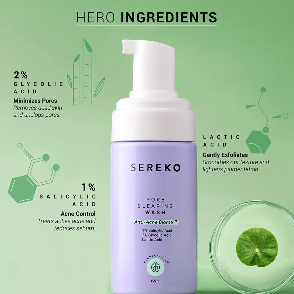 SEREKO Pore Clearing Face Wash with 1% Salicylic & Lactic Acid | Sulfate-Free Foaming Cleanser for Oily, Acne-Prone Skin | Deep Cleansing, Sebum Control & Gentl
