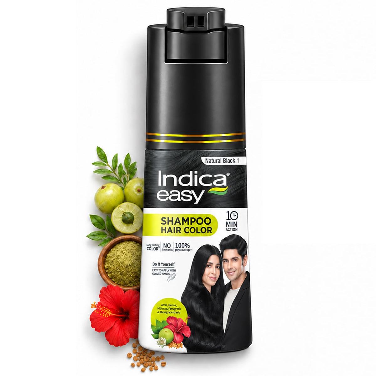 Indica Hair Color Shampoo|Natural Black|Ammonia Free|180ml Natural Black 180 ml (Pack of 1)
