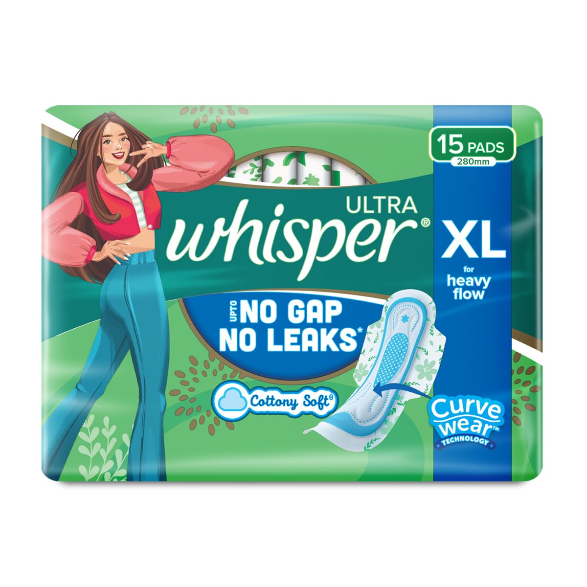 Whisper Ultra Upto No Gap No Leaks* Sanitary Pads, 15 XL Pads, For Heavy Flow Protection, With CURVEWEAR Technology, Cotton Like Softness, Disposable Wrapper, L