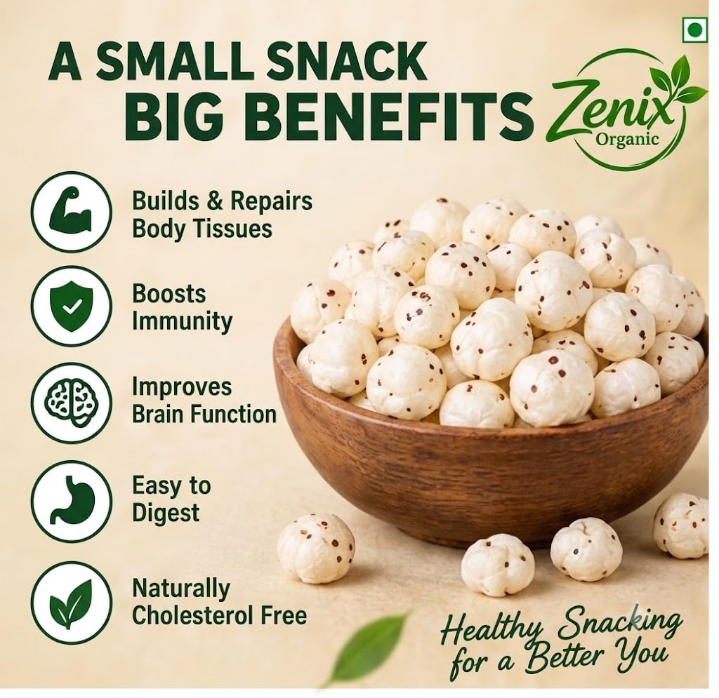 Zenix Organic Phool Makhana 100gm | Fox Nuts Lotus Seed | Healthy Crunchy Snack | Protein-Rich, Low-Calorie Superfood | Ideal for Fasting Food And Diet | Light
