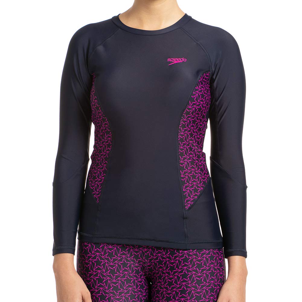 Speedo Women's Endurance Boomstar Printed Long Sleeve Suntop True Navy/Electric Pink M