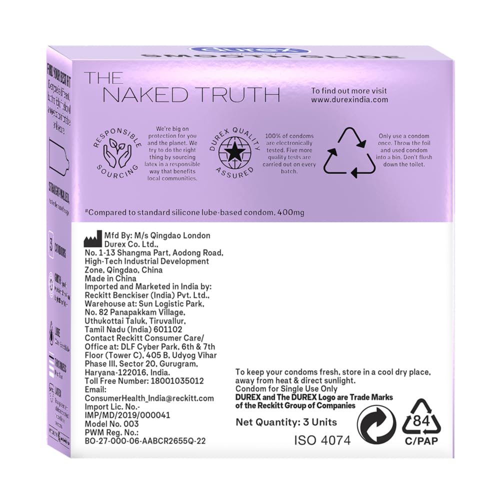 Durex Smooth Glide Condoms for Men - 3 Count | with 2X Water-Based Lubricant | Ultra Thin