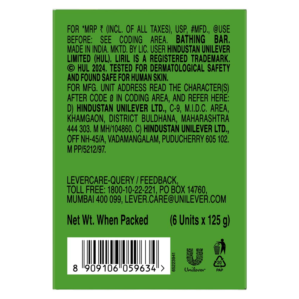Liril Lime Bathing Bar | Feel the Citrus Burst of Freshness | Pack of 6 (6 x 125g) 125 g (Pack of 6)