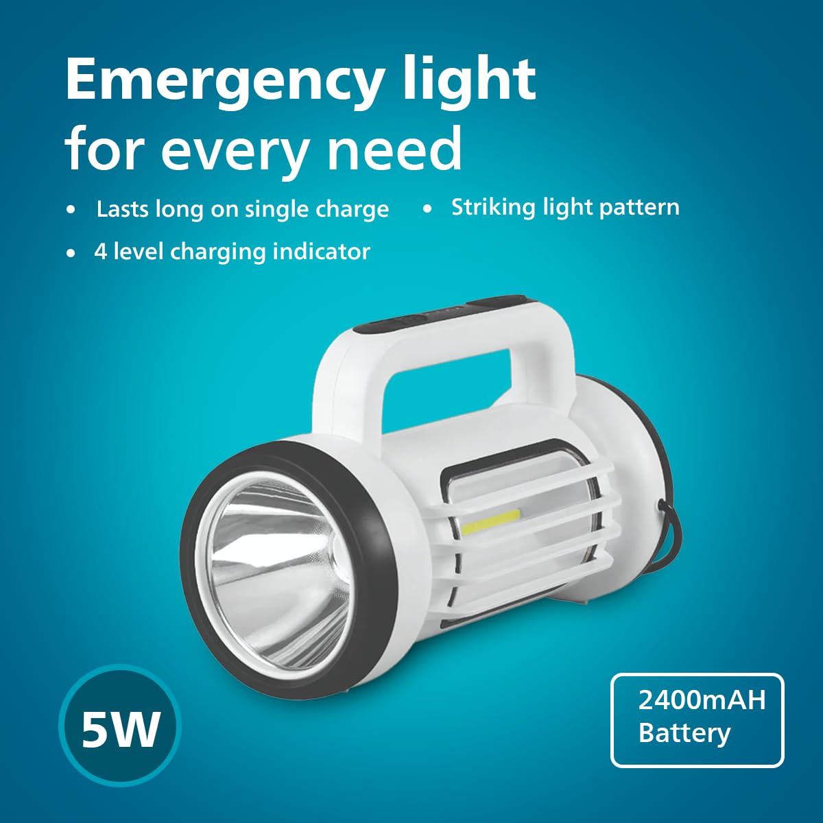 PHILIPS Hiker 5W Rechargeable Emergency Light | Long Lasting with 2400 mAh Battery and 6 Hours Backup | 3 Main Modes, 2 Side Modes and Stepless Dimming Feature