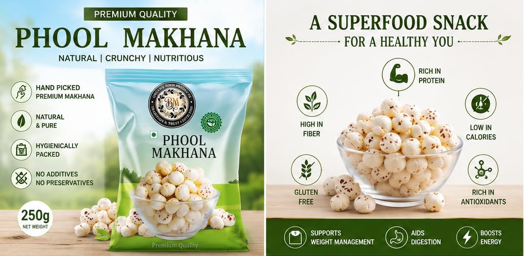 BM ORGANIC FOOD PRODUCTS Phool Makhana 500gm | Naturally Hand-Picked Fox Nuts | Natural Lotus Seeds | Healthy Roasted Snack | High Fiber & Protein Rich | Gluten