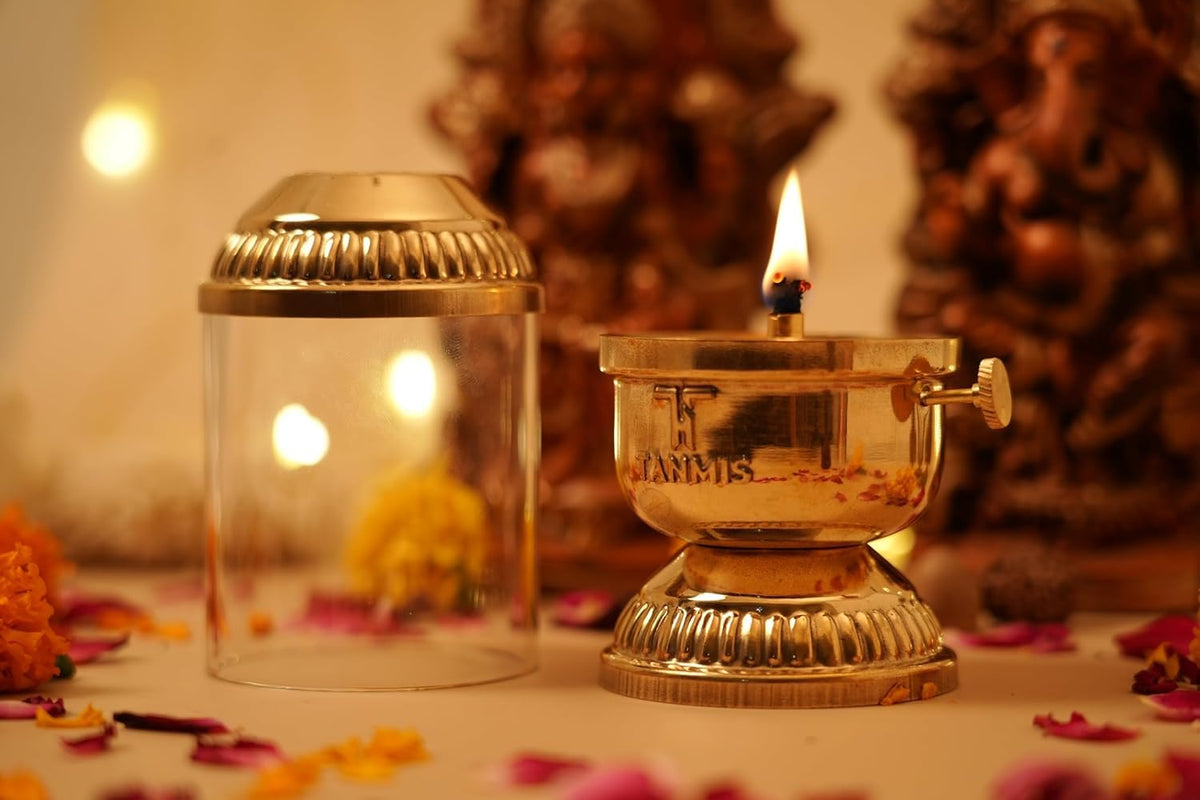 100% Pure Brass Akhand Jyoti Diya with Borosilicate Glass Cover | Windproof Akhand Deepak for Puja Room, Mandir & Temple | Adjustable Bati | 80 ml Oil Capacity