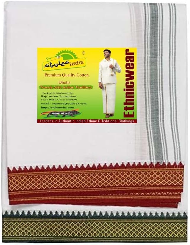Single Layer Cotton Dhoti 1.8mts Vesti Mundu Ethnic Dress Thalapathy Style Border-White (Pack of 2)