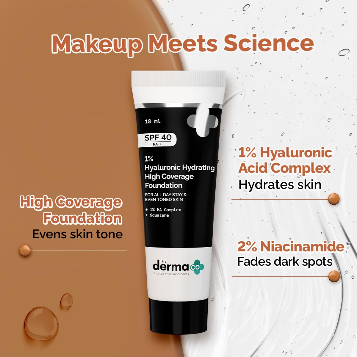 The Derma Co . 1% Hyaluronic Hydrating High Coverage Luminous Foundation Cream With Spf 40 Pa+++ For 12 Hour Long Stay 12 Hour Oil Control For All Skin Types & Even Skin 18Ml(01 Ivory, 18Ml), 1 Count