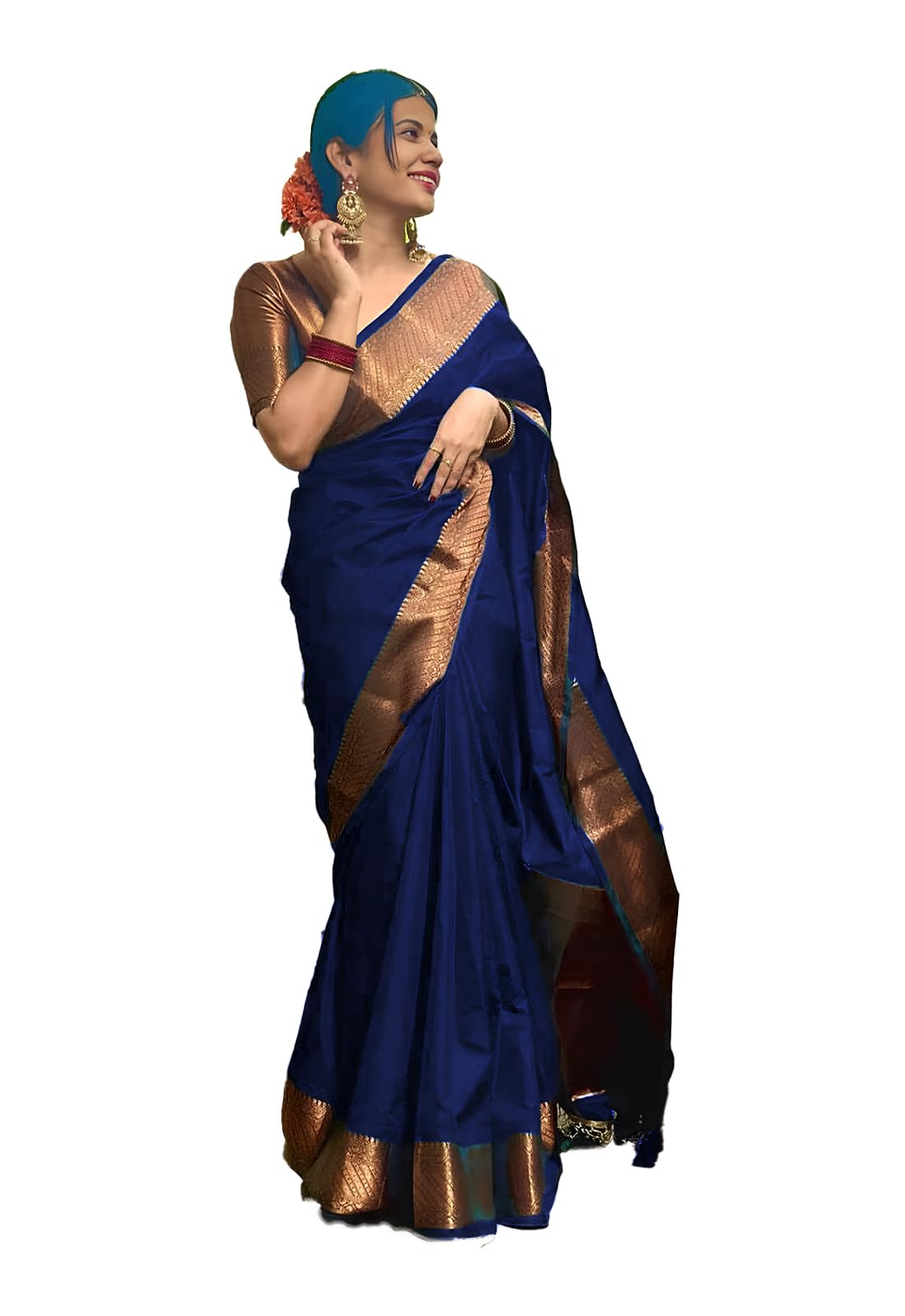 Yashika Banarasi Kanjivaram Cotton and Silk Woven Saree with Unstitched Blouse Navy Blue