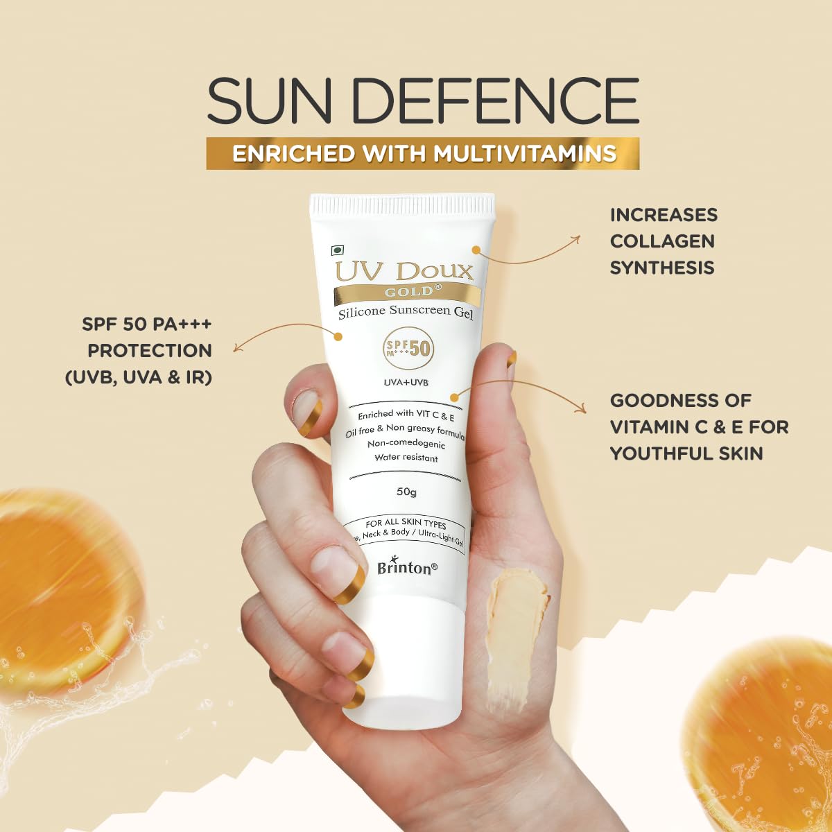 UV Doux Gold Silicone Sunscreen Gel SPF 50 PA+++ |India’s No.1 Dermatologist Recommended Brand In-vitro, In-Vivo Tested |UVA/UVB protection| Anti-Aging, Gel for