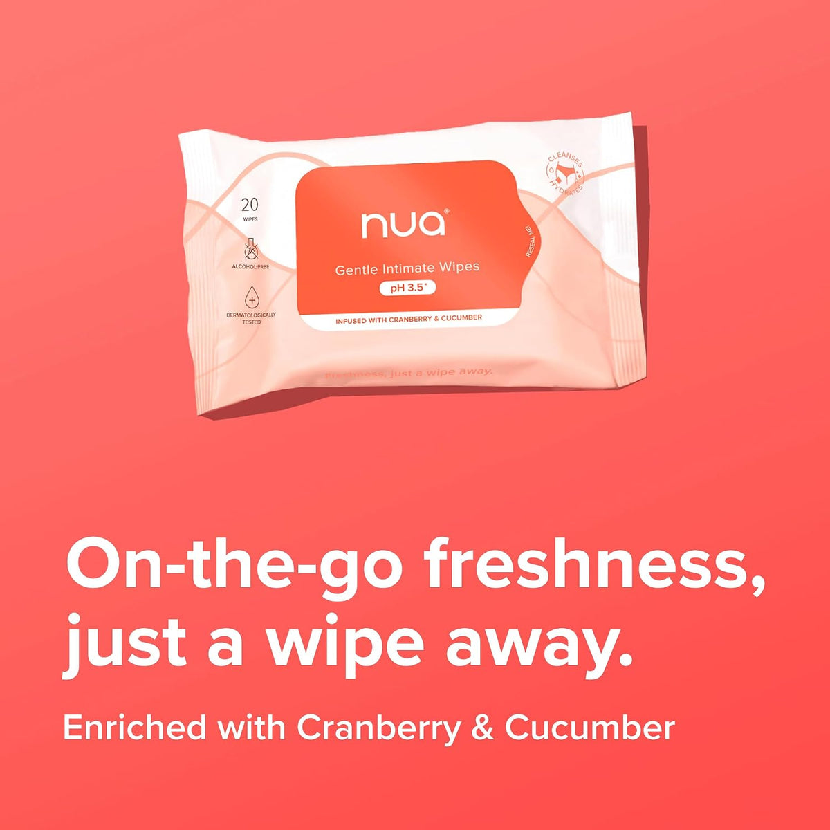 Nua Gentle Intimate Wipes | Infused with Cranberry, Cucumber and Aloe | Alcohol and Artificial-Fragrance Free | 100% Biodegradable 20.0