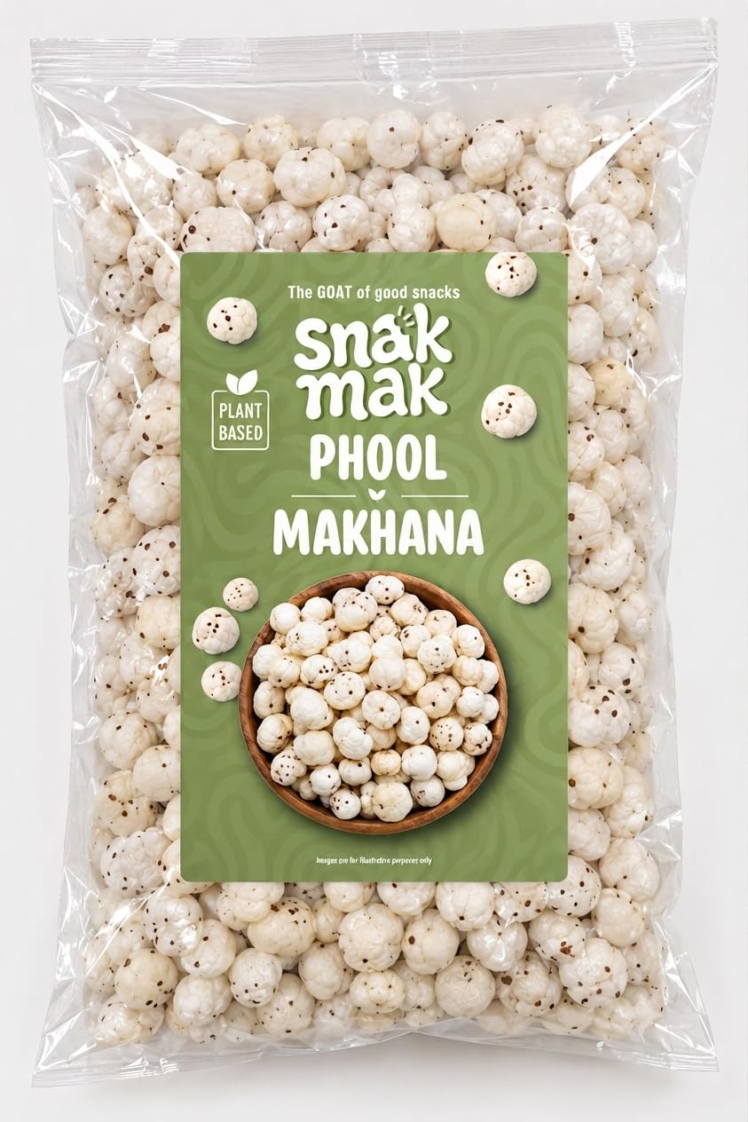 SNAKMAK 4 Sutta Phoolmakhana 1kg | Handpicked 4 Sutta Size High Protein Fox Nuts/Lotus Seeds | No added Preservatives & No artificial Flavours | High Protein &