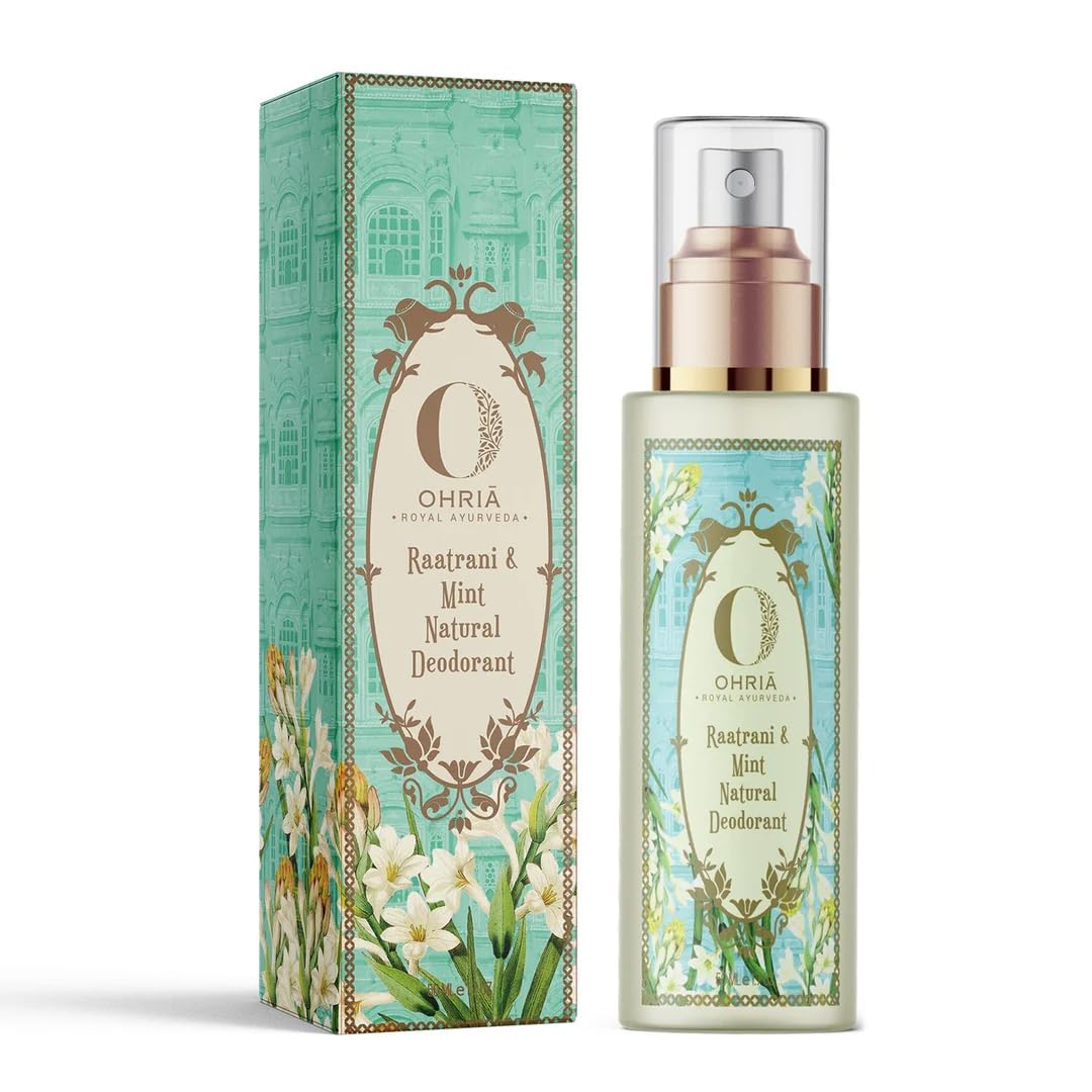 Ohria Ayurveda Raatrani & Mint Natural Deodorant 50ml with Khus, Aloe Vera, Sandalwood & Night - Blooming Jasmine Flowers – Toning, Cooling & Skin Brightening w