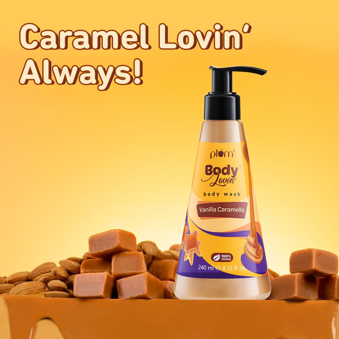 Plum BodyLovin' Vanilla Caramello Body Wash | SLS-Free Creamy Shower Gel For Women | Delicious Caramel Fragrance for Soft & Smooth Skin | Aloe-Infused Nourishin
