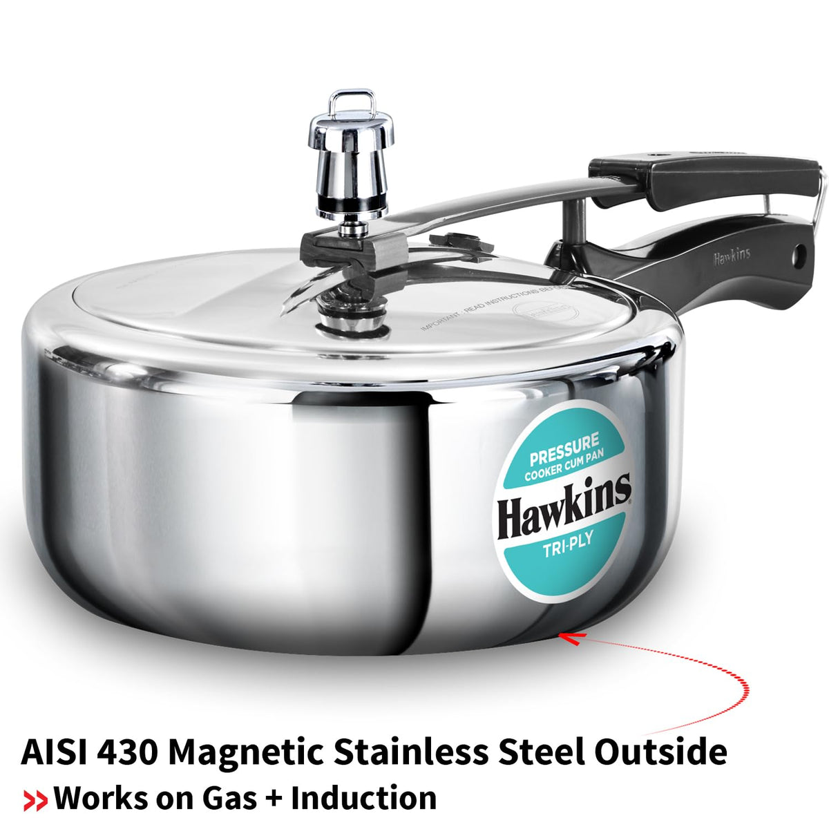 Hawkins 3 Litre Tri-Ply Pressure Cooker cum Pan, Triply Stainless Steel Inner Lid Cooker, Pan, Silver (SSTPP3) 3 Litres