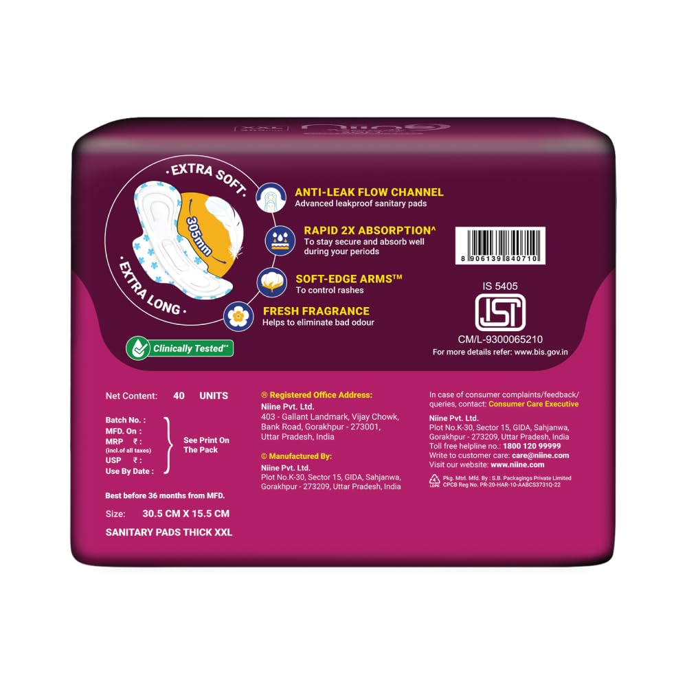 NIINE Naturally Soft XXL Sanitary Pads for Women | 40 Pads | 305MM | Cottony Soft Top Cover | Extra Coverage with Wider Back, Quick Absorption for Heavy Flow 40