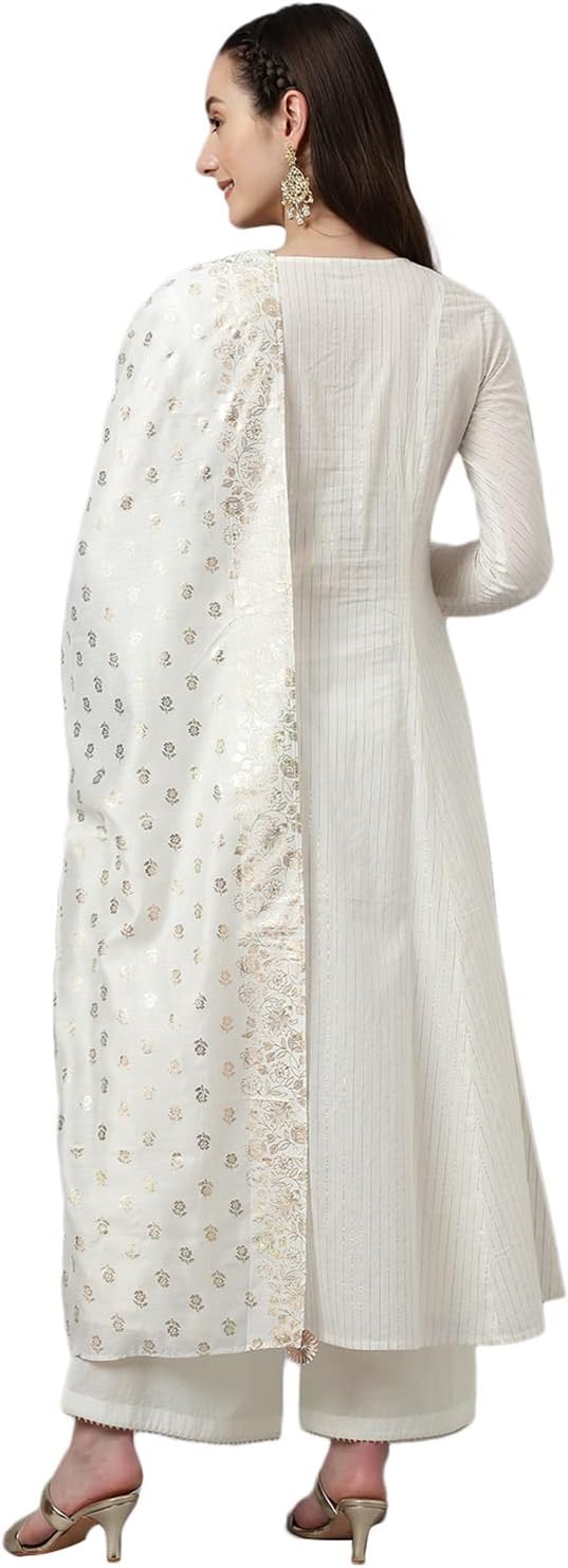 FIORRA Women's Off White Pure Cotton Flared Kurta with Palazzo and Dupatta Small Off-white