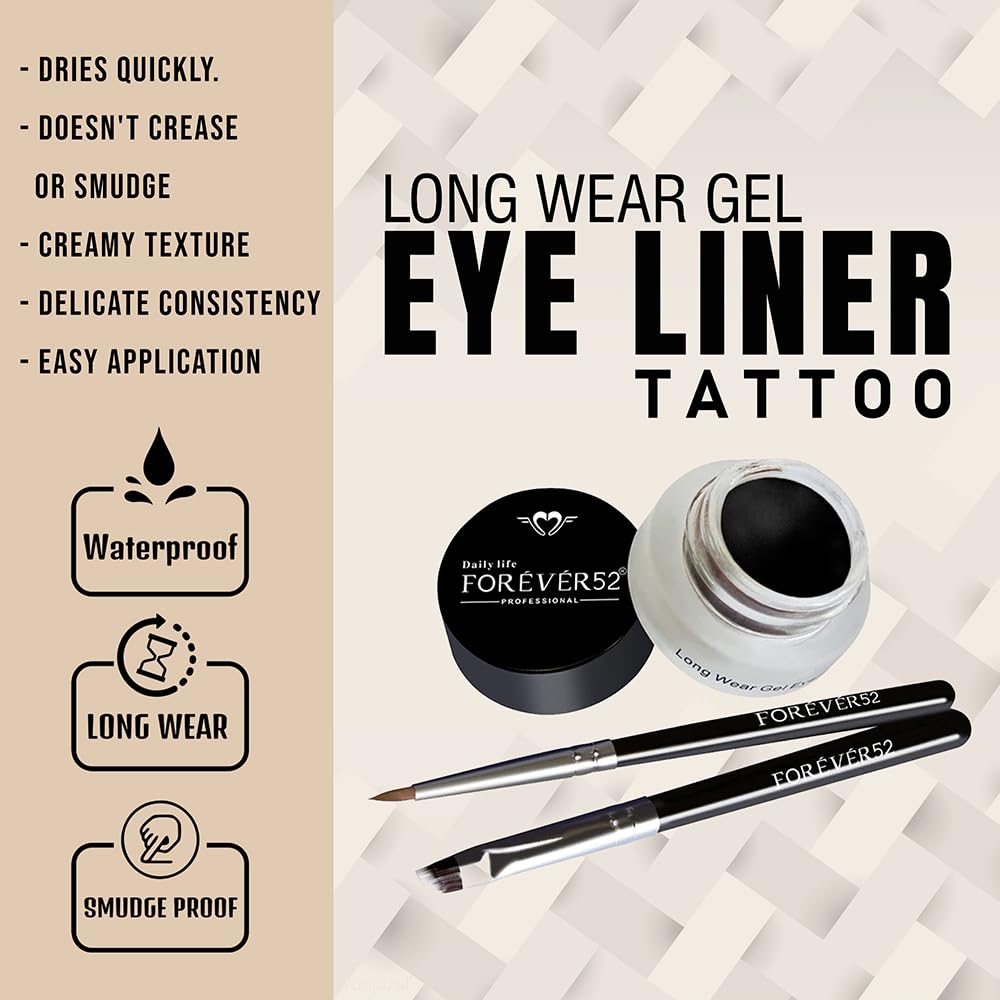 Daily Life Forever52 Long Wear Gel Eyeliner & Tattoo, Waterproof Smudgeproof Long Lasting Cream Eyeliner Gel with 2PCS Brushes for Smooth Aplication (Jet Black) (GT001)