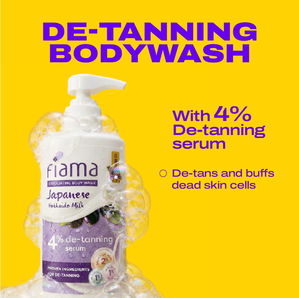 Fiama 4% Detan Serum Exfoliating Body Wash 250ml, 2% Salicylic Acid, 1% Glycolic Acid, 1% Exfoliating Tan Removal Shower Gel, Gently removes dead skin | Exotic