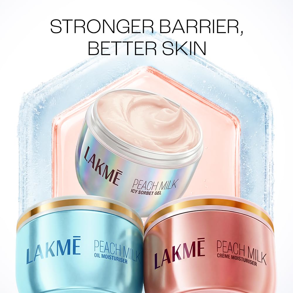 Lakmē Peach Milk Icy Sorbet Gel: First Ever Cooling Face Moisturizer with 2% Pro-Ceramides, Peptides & Pentavitin for Instant Ice-Plunge Glow & 24hr Barrier Rep