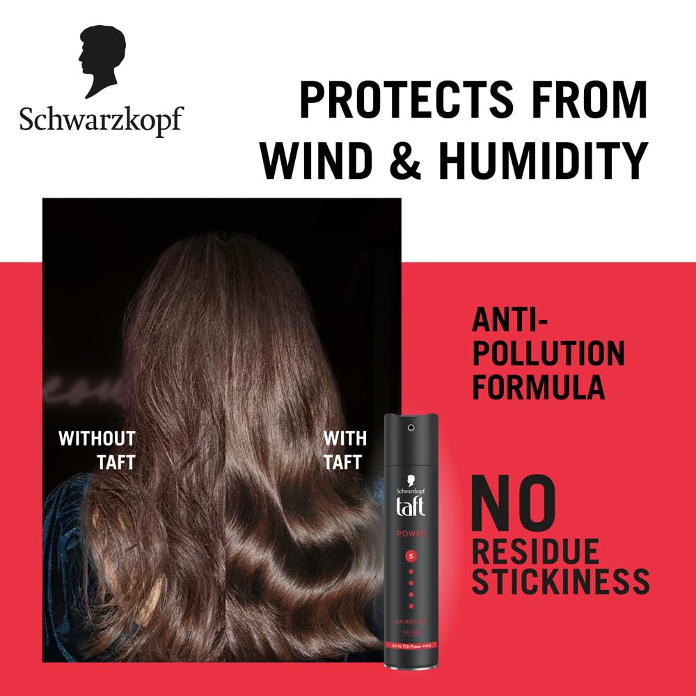 TAFT Schwarzkopf Power Hair Spray With Caffeine Formula For Strengthening Hair Hold 5, 72Hr Hold Protection From UV Rays, Wind And Humidity, No Stickiness, Easy