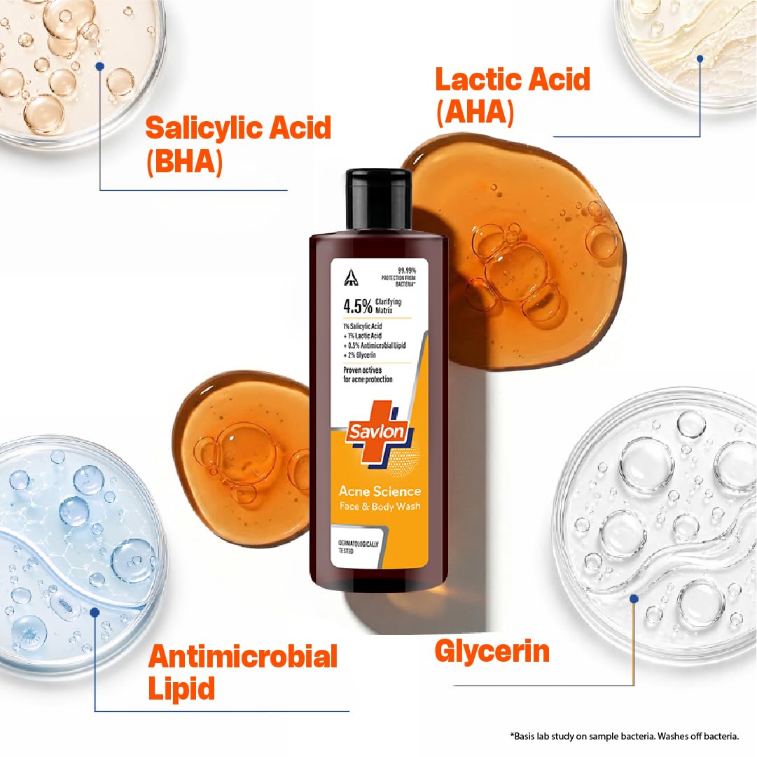 Savlon Acne Science Exfoliating Face & Body Acne Wash 250ml | Antibacterial Formula with 1% Salicylic Acid + 1% Lactic Acid | Helps Fight Acne-Causing Bacteria