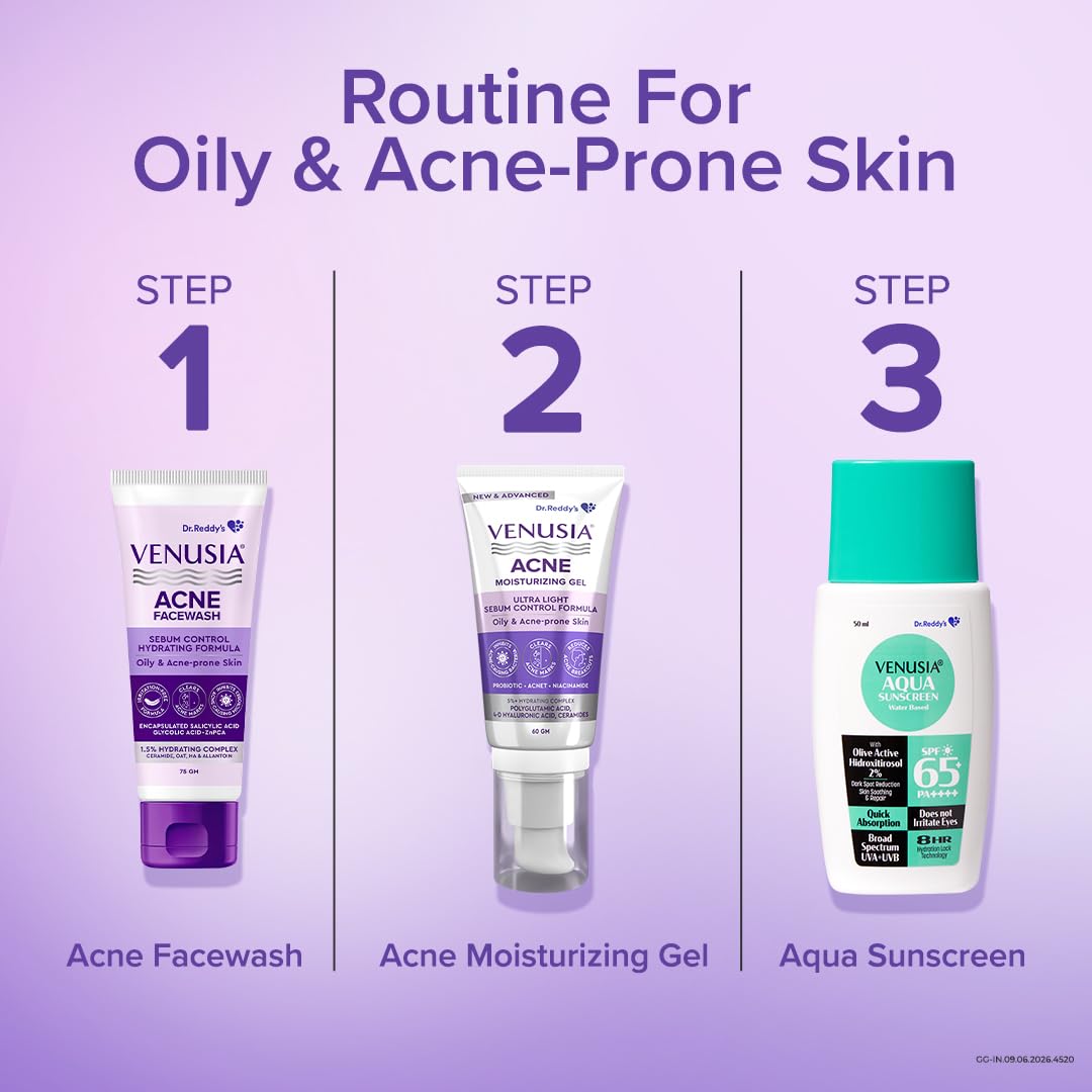 Dr. Reddy's Venusia Acne Moisturizing Gel For Oily & Acne Prone Skin | Ultra-light Sebum Control Formula With 5%+ Hydrating Complex, Polyglutamic Acid, 4-D Hyal