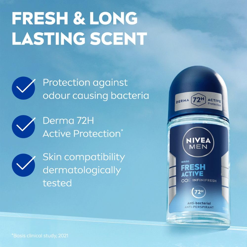 NIVEA MEN Fresh Active 50ml Deo Underarm Roll On | With Fresh Ocean Extracts Scent| 72 H Freshness| 0% Alcohol | Dermatologically Approved & Paraben Free Formul